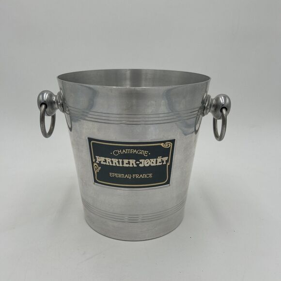 Rare PERRIER JOUET CHAMPAGNE Metal Ice Bucket Knob & Ring Handles France Vintage - Picture 1 of 7
